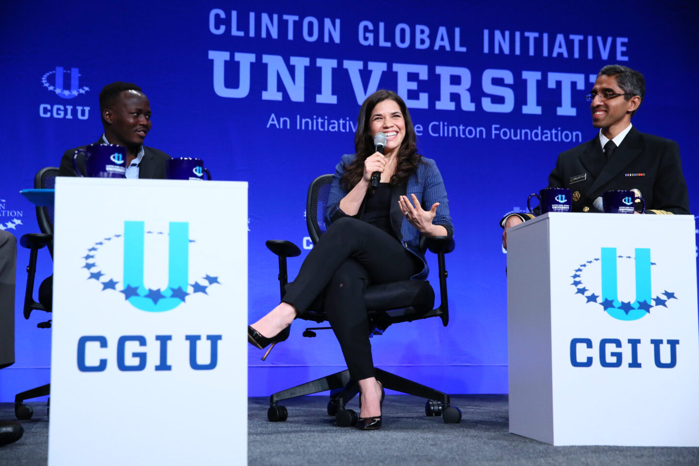 America Ferrera, U.S. Surgeon General Vivek Murthy, Tawakkol Karman, and Paul Lorem participate in a plenary session