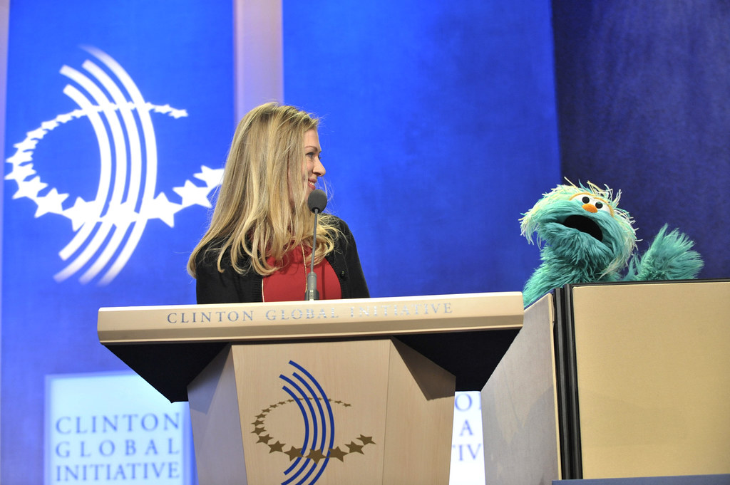 Chelsea Clinton talks to Rosie from Sesame Street