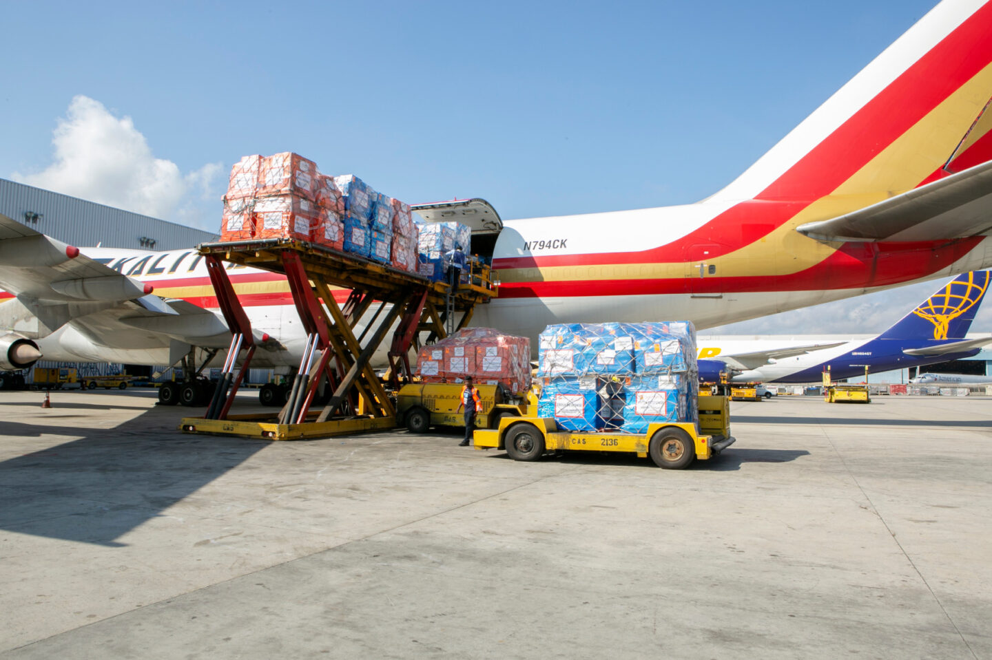 Medical supplies being loaded into an airplane