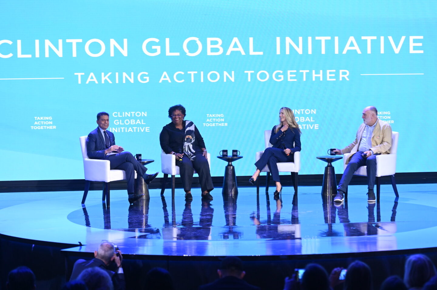 Fareed Zakaria, Prime Minister Mia Mottley, Laurene Powell Jobs, and José Andrés are seated on stage