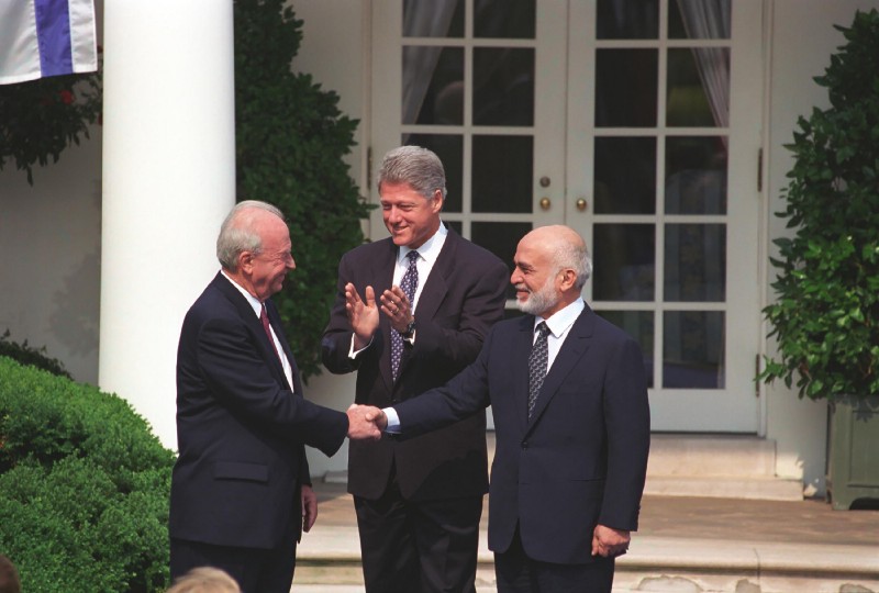 President Clinton, King Hussein, and Prime Minister Rabin in front of the White House