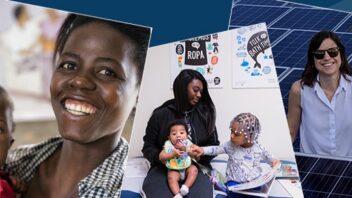 Composite of three images: (1) An adult and child. (2) An individual sits with an infant and a child reading a book. (3) An individual stands amid solar panels.