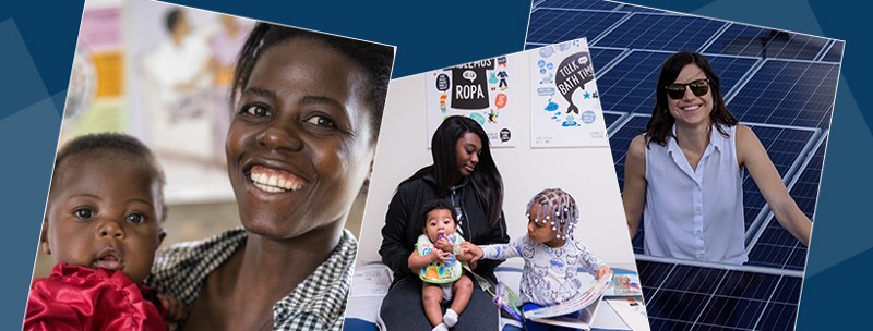 Composite of three images: (1) An adult and child. (2) An individual sits with an infant and a child reading a book. (3) An individual stands amid solar panels.