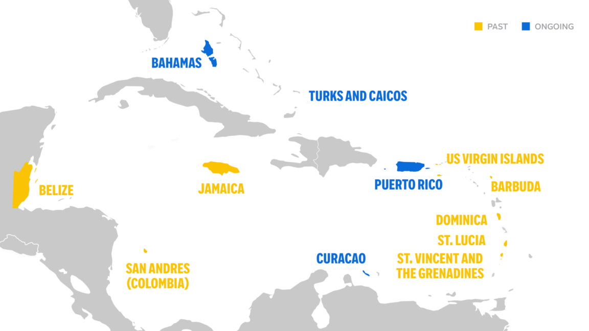 Map showing areas where CCI has worked. Past: Barbuda, Belize, Dominica, the Grenadines, Jamaica, San Andres (Colombia), St. Lucia, St. Vincent, and US Virgin Islands. Ongoing: Bahamas, Curacao, Puerto Rico, and Turks and Caicos.