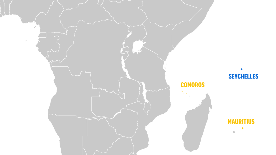 Map showing areas where CCI has worked. Past: Comoros, Mauritius. Ongoing: Seychelles.