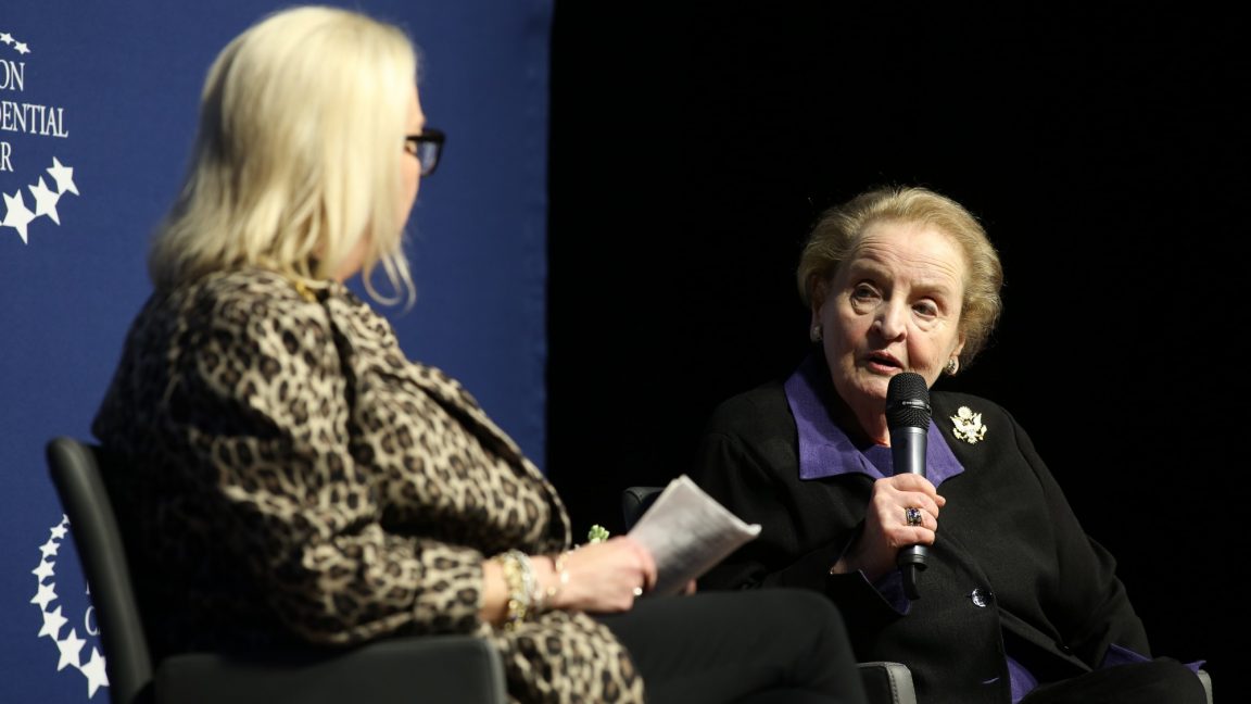 Stephanie Streett and Madeleine Albright speak onstage