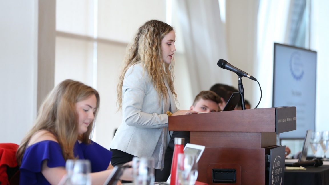A student speaks during the Clinton Center's Debate program