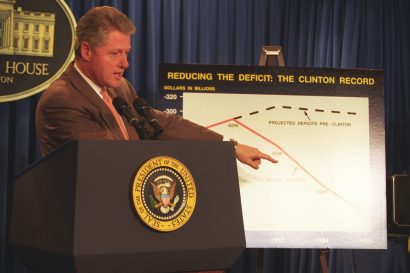 President Clinton stands behind a podium with the presidential seal and points toward a chart which says "reducing the deficit: the Clinton record"