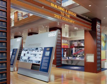 Wide shot of exhibits at the Clinton Presidential Library