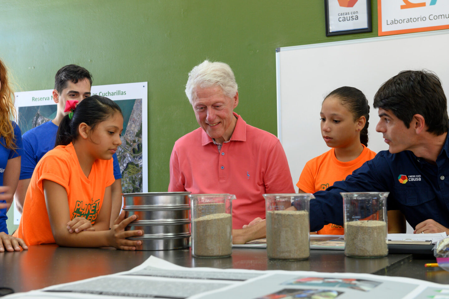 President Clinton visits with students at a school in Puerto Rico