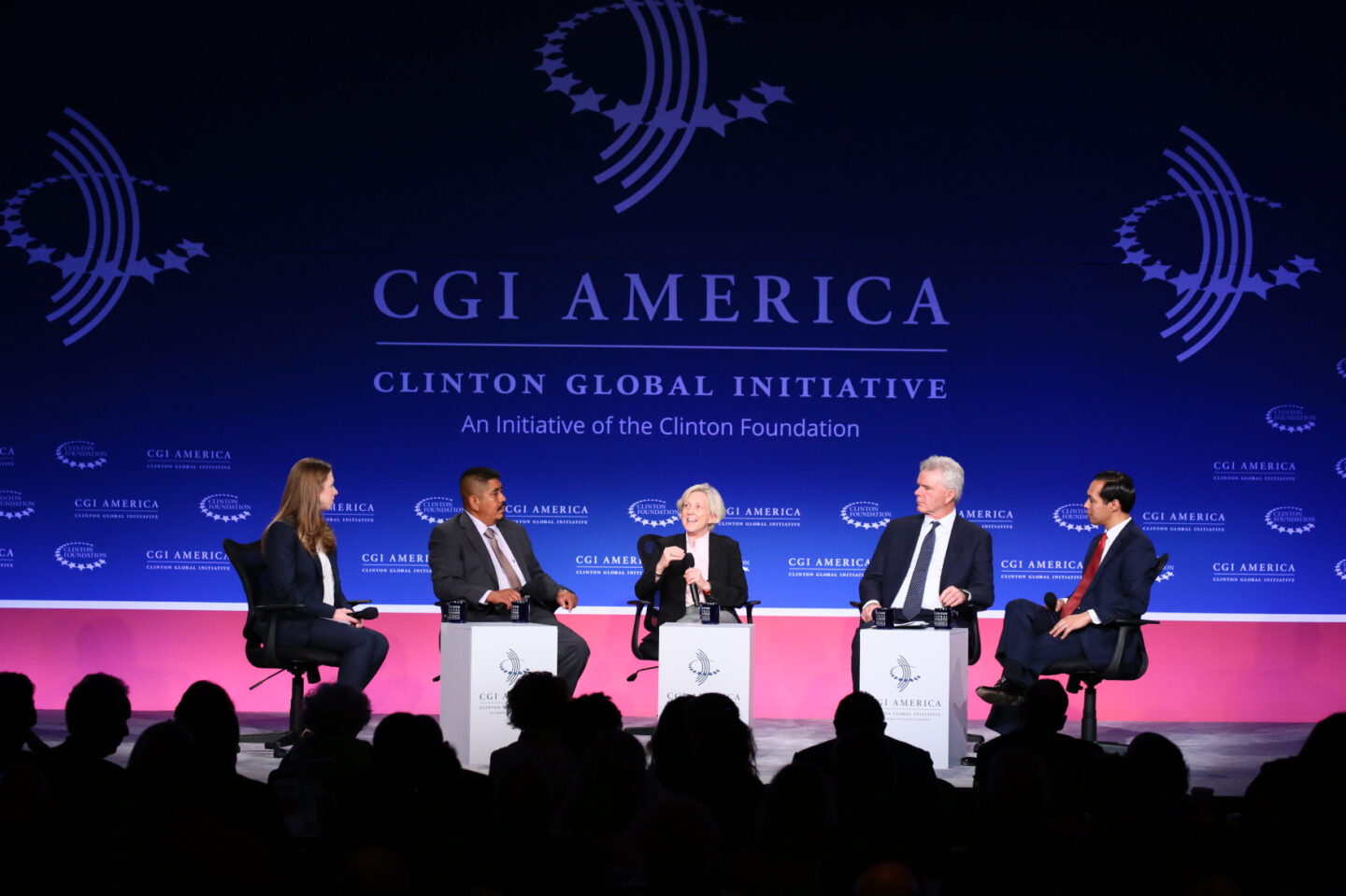 Chelsea Clinton, Lucas Benitez, Kyle Zimmer, Kip Tindell, and Julián Castro participate in a panel discussion