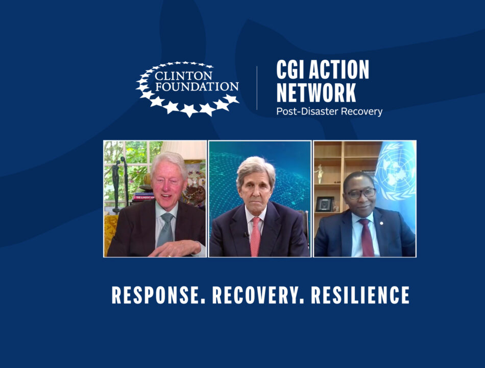 President Clinton speaks with leaders during a virtual event