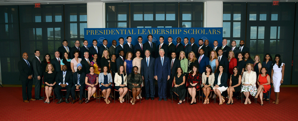 60 members of the 2017 class of Presidential Leadership Scholars with Presidents Clinton and Bush