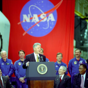 President Bill Clinton speaking at the Johnson Space Center in Houston, Texas.