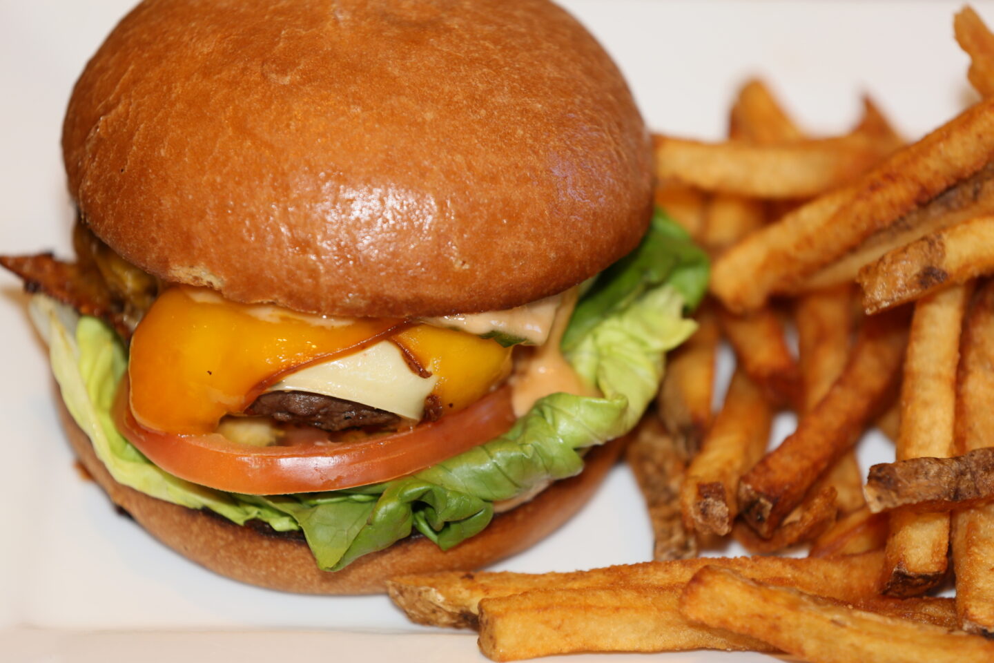 Plated meal which includes a burger and french fries