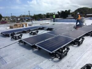 Wide shot of solar panels on a roof