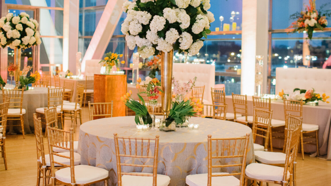 A wedding place setting in the Great Hall at the Clinton Center