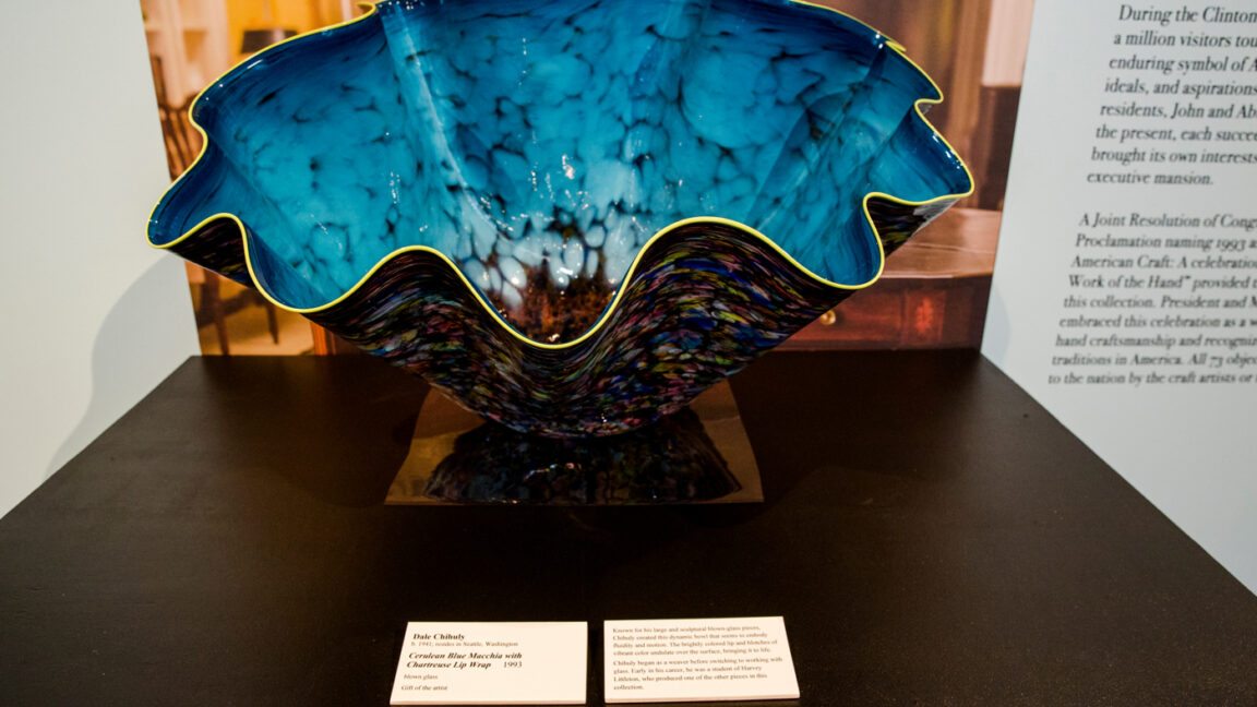 Cerulean Blue Macchia with Chartreuse Lip Wrap by Artist Dale Chihuly on display at the Clinton Center in Little Rock, Arkansas.