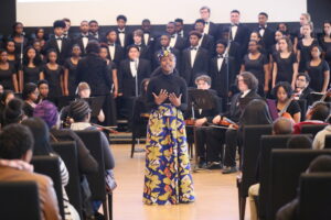 Orchestra, choir, and drama students from Parkview High School in Little Rock, Arkansas, performing in the Great Hall at the Clinton Center.
