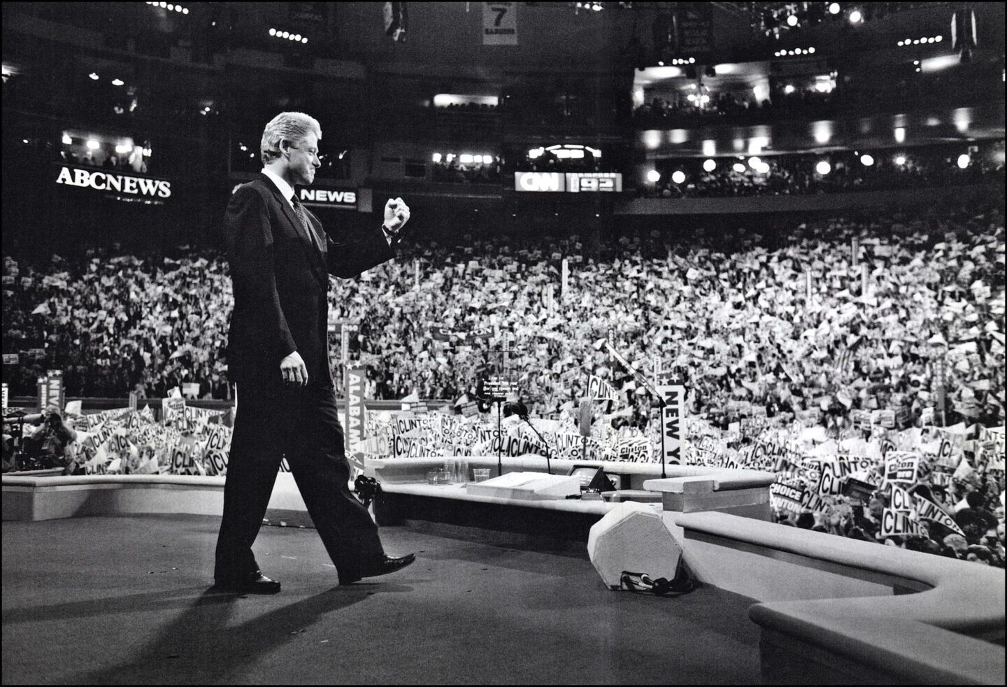 Then-Governor Clinton celebrates on stage at the 1992 Democratic National Convention.