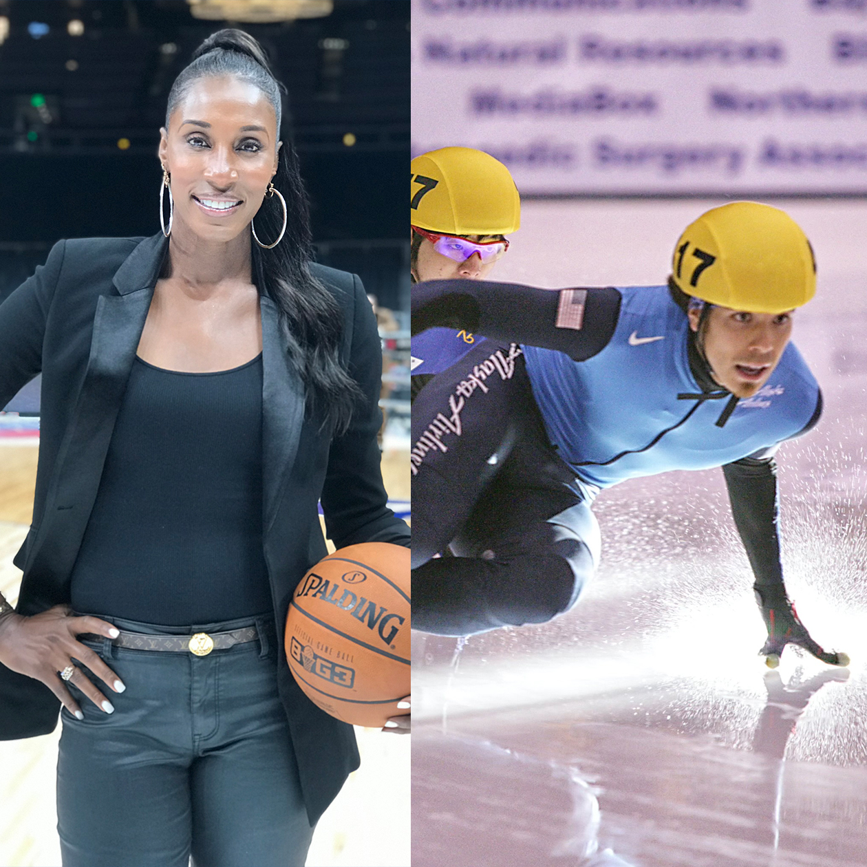 U.S. Olympians Lisa Leslie holding a basketball and Apolo Ohno speed skating