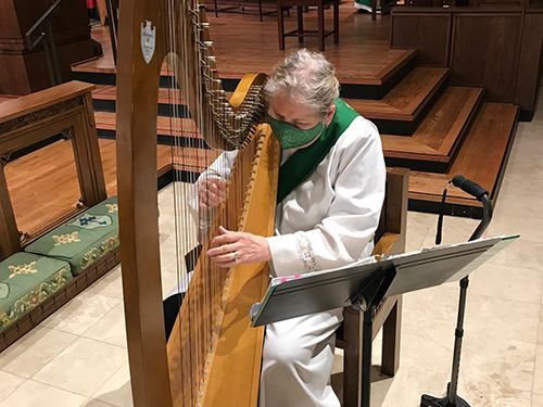 An individual plays the harp