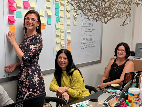 Three individuals pose in front of a whiteboard full of post-it notes