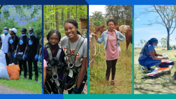 Composite of several photos: people outdoors, including a group with bags to collect recyclable waste; individuals at an outdoor course, an individual standing in front of grazing animals; and an individual kneeling in front of plants.
