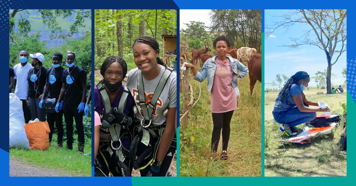 Composite of several photos: people outdoors, including a group with bags to collect recyclable waste; individuals at an outdoor course, an individual standing in front of grazing animals; and an individual kneeling in front of plants.