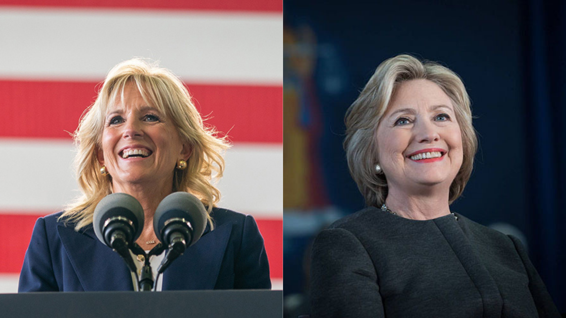Jill Biden speaks into a microphone on left and Hillary Clinton smiles on the right