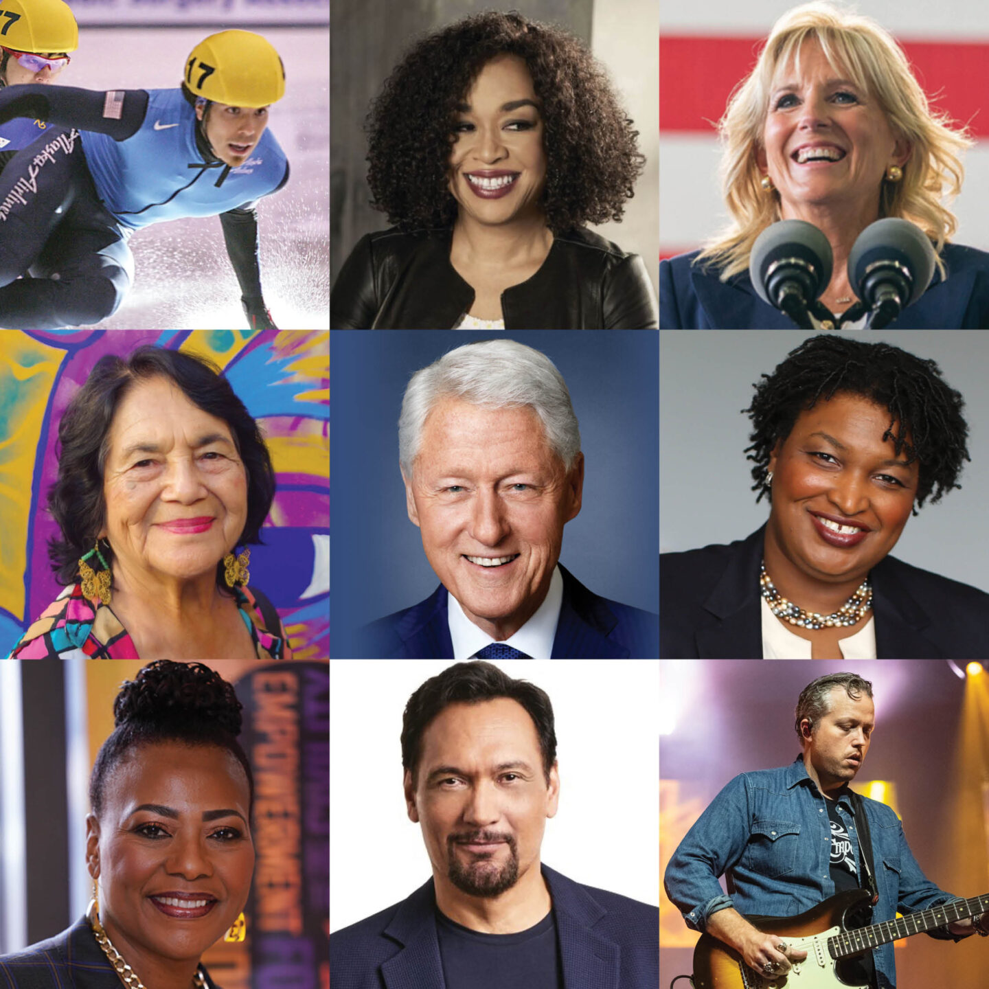 Composite of headshots including Apolo Ohno, Shonda Rhimes, Jill Biden, Dolores Huerta, President Bill Clinton, Stacey Abrams, Dr. Bernice A. King, Jimmy Smits, Jason Isbell