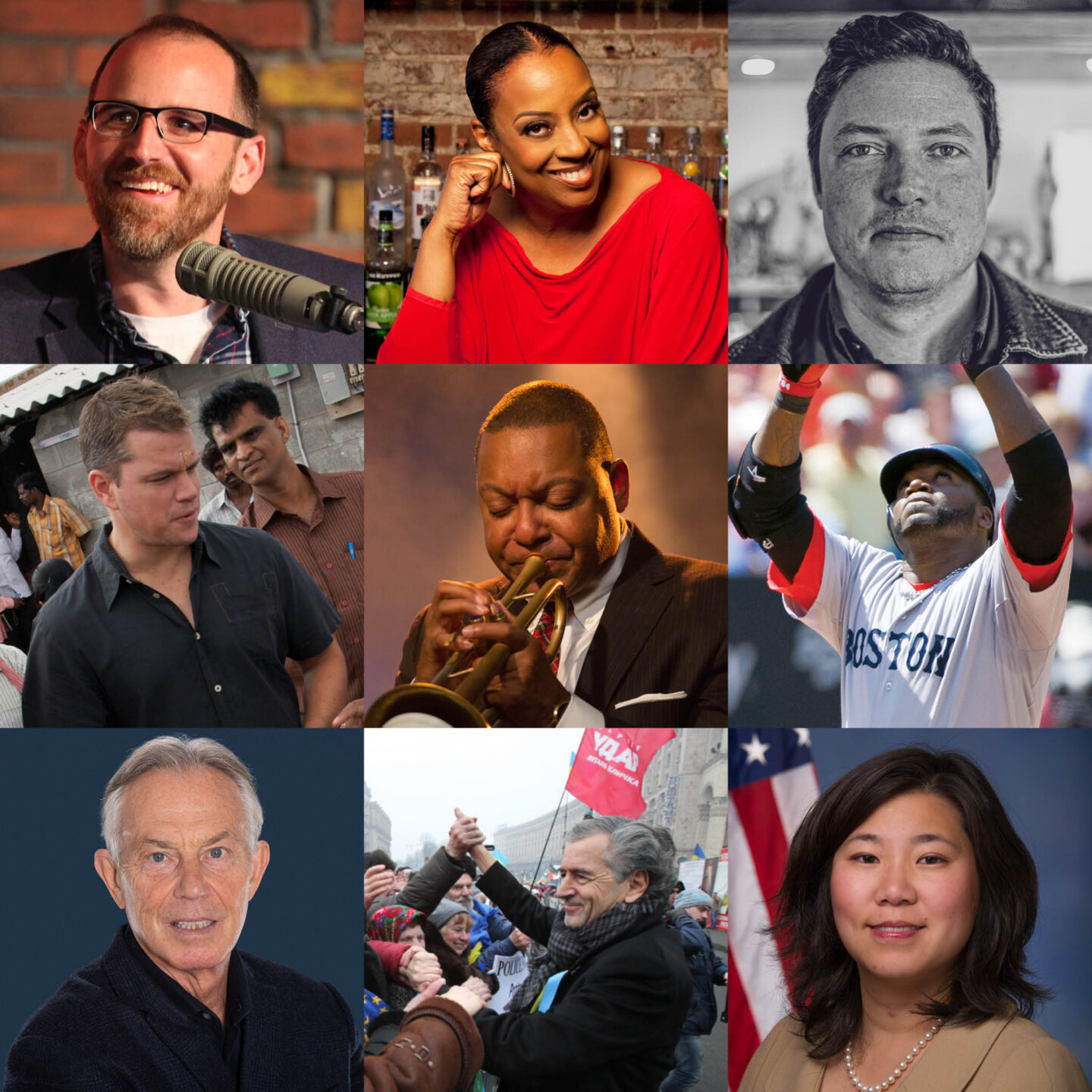 Composite of headshots including Roman Mars, Melba Wilson, Michael Murphy, Matt Damon, Wynton Marsalis, David Ortiz, Tony Blair, Bernard-Henri Lévy, and Rep. Grace Meng