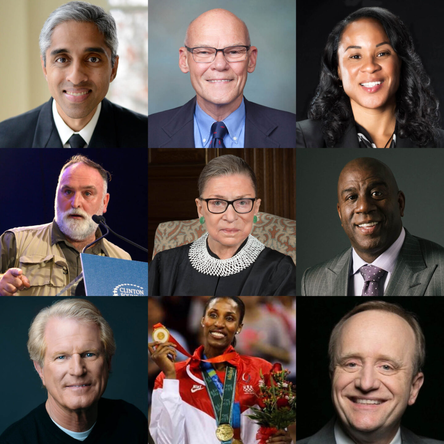 Composite of headshots including Vivek Murthy, James Carville, Dawn Staley, Dawn Staley, José Andrés, Ruth Bader Ginsburg, Magic Johnson, Roy Spence, Lisa Leslie, and Paul Begala