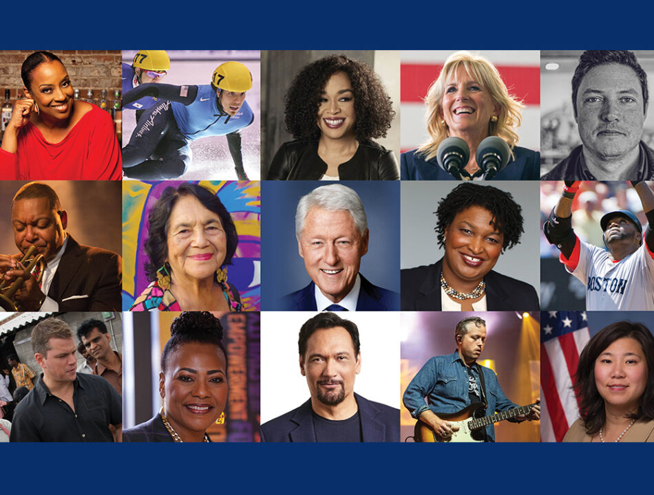 Composite of headshots including Melba Wilson, Apolo Ohno, Shonda Rhimes, Jill Biden, Michael Murphy, Wynton Marsalis, Dolores Huerta, Stacey Abrams, David Ortiz, Matt Damon, Dr. Bernice A. King, Jimmy Smits, Jason Isbell, and Rep. Grace Meng