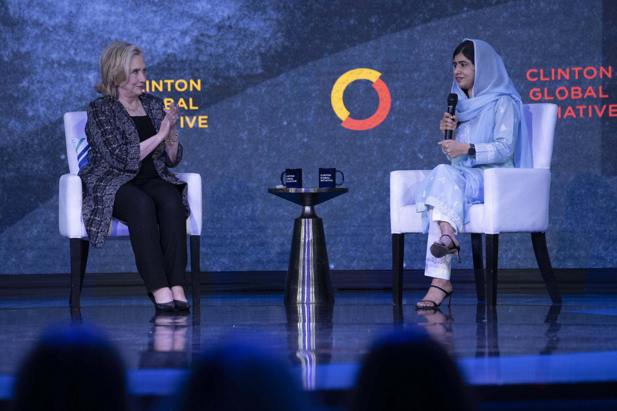 Secretary Clinton and Malala Yousafzai have a conversation, seated onstage