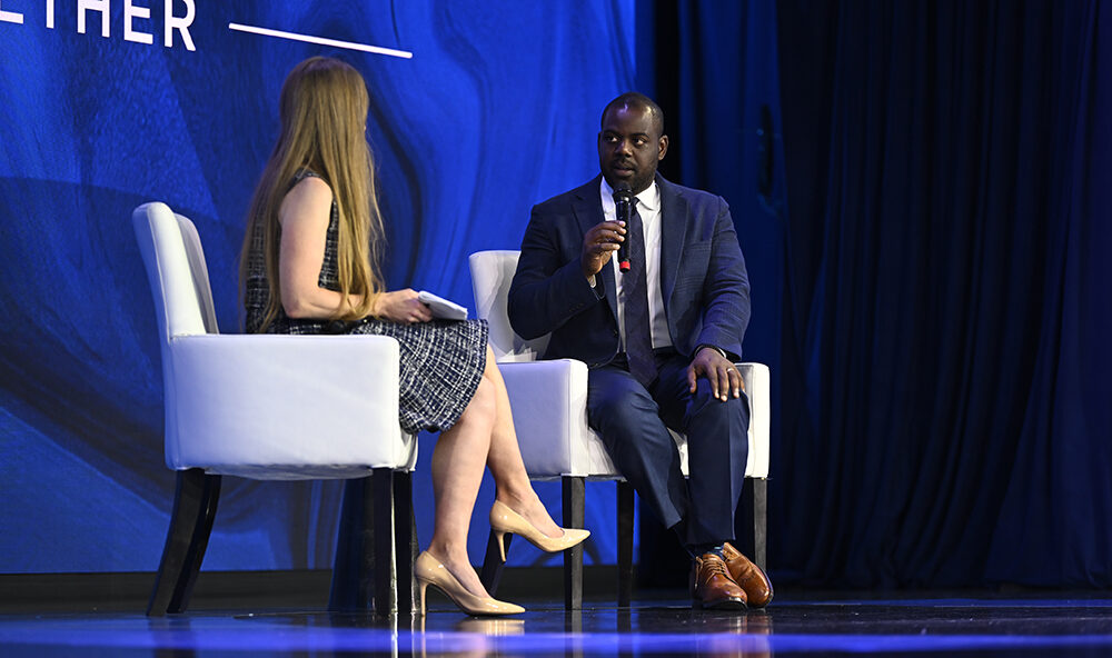 Donnel Baird, CEO of BlocPower, speaks during the closing plenary of the 2022 CGI September Meeting. Photo by Roy Rochlin/Getty Images for Clinton Global Initiative.