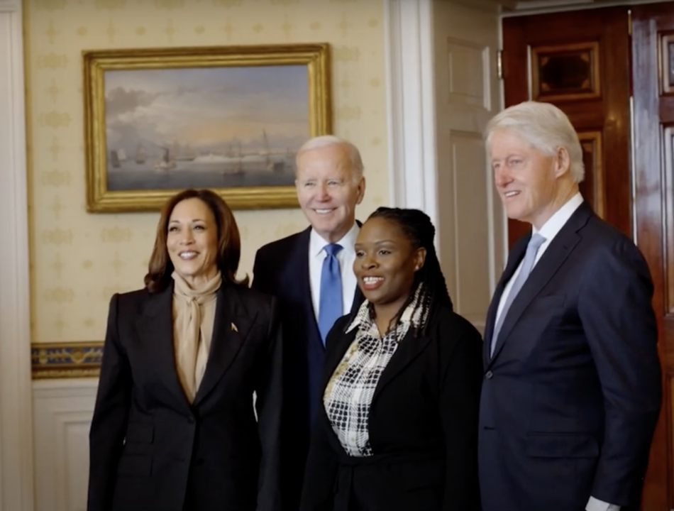 President Clinton poses with President Biden and Vice President Harris at the White House