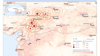 Map of regions of Turkey and Syria impacted by earthquakes in February 2023