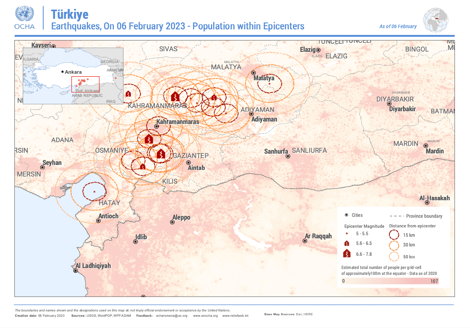 Map of regions of Turkey and Syria impacted by earthquakes in February 2023