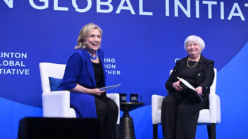 A picture of Secretary Hillary Clinton and Secretary of the Treasury Janet Yellen sitting in two chairs on stage at the Clinton Global Initiative 2023 Meeting.